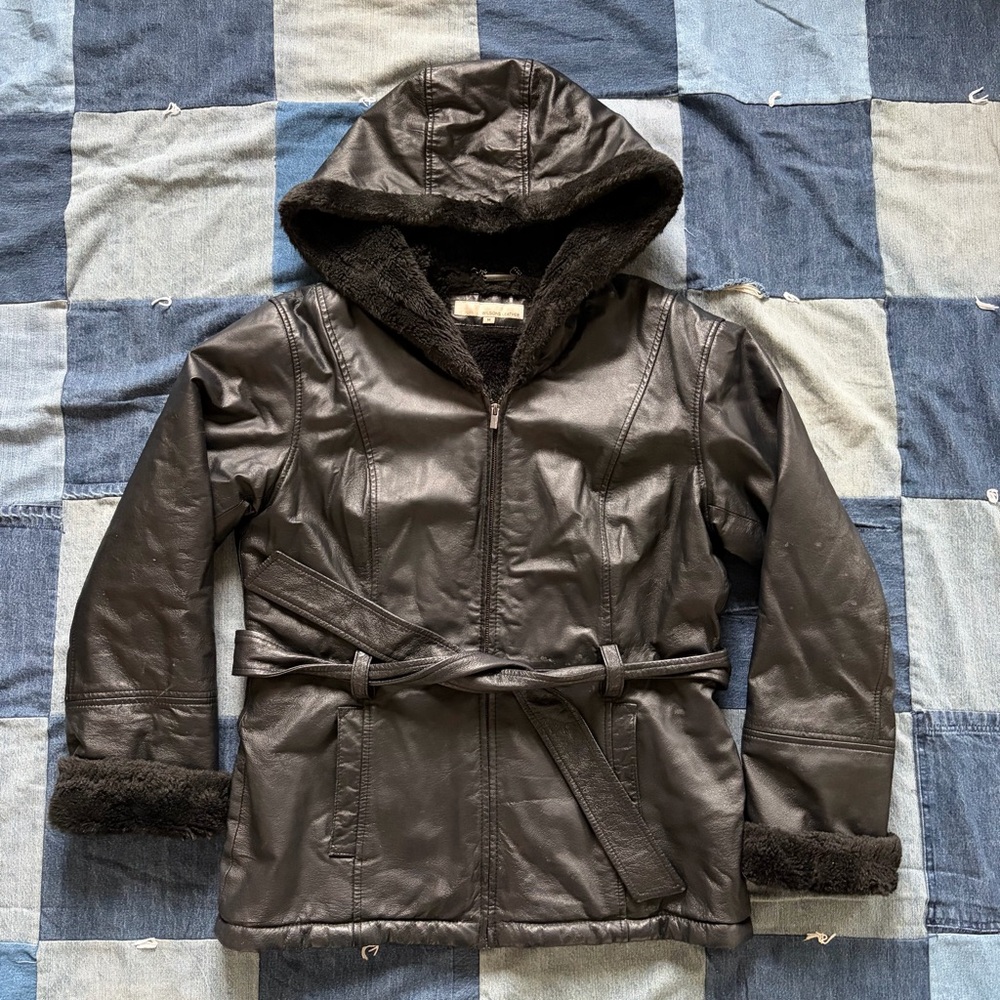 wilson’s leather hooded faux fur lined black leather jacket size M